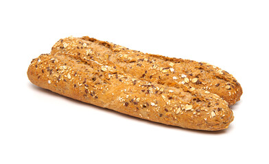 Multigrain bread baguette isolated on white background