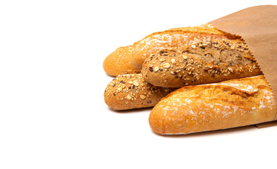 Assortment of baked bread baguette isolated on white background