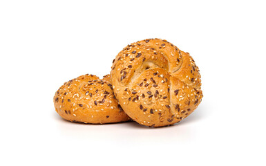 Traditional kaiser roll bun with linseeds and sesame seeds isolated on white background
