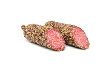 Peppered salami sausage isolated on white background
