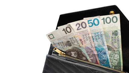 Polish money in a black wallet, holding money in a wallet, 100 polish note, Poland’s legal tender,, złotówki, polskie złote, PLN