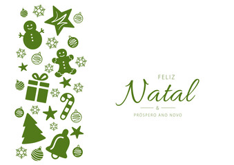 Portuguese text: Feliz Natal e próspero ano novo. Merry Christmas and Happy New Year. Vector illustration