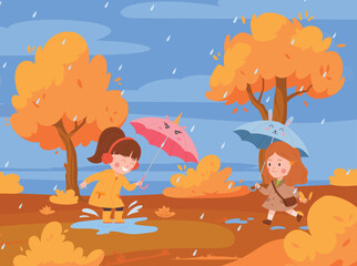Happy little girls with umbrellas outside in rain flat style, vector illustration