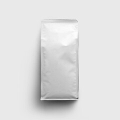 Template of a white sealed bag for coffee beans, packaging with a clamping tape, isolated on a wall background.