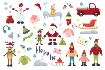 Flat set of christmas elements. Santa Claus, elf, deer, snowman, family, cat, car, sledge, clothes