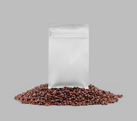 Mockup of white doy pack, zip gusset packaging on coffee beans, close-up, front view, isolated on background. - obrazy, fototapety, plakaty
