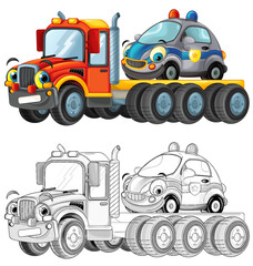 cartoon tow truck driving with load other car isolated