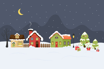 Winter houses. Flat set of houses in the snow, decorated with garlands, a winter landscape, village, the moon is in the sky, a starry sky, lights are on in the windows, a Christmas tree with gifts