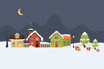 Fototapeta premium Winter houses. Flat set of houses in the snow, decorated with garlands, a winter landscape, village, the moon is in the sky, a starry sky, lights are on in the windows, a Christmas tree with gifts