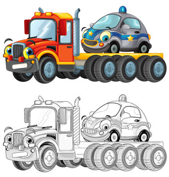 cartoon tow truck driving with load other car isolated