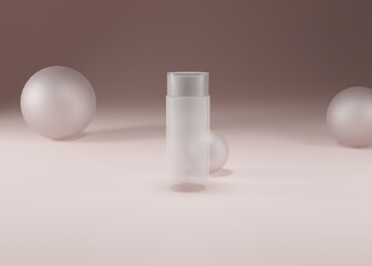 3d modeling transparent bottle on a light pink background. Concept bottle for cream, shampoo or balm