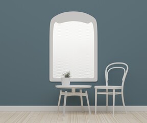3D interior. Turquoise room with window, white chair and white table.
