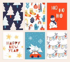 Vector collection of Christmas poster templates. New year 2023 set of christmas greeting cards. Bright colors. presents and hand written lettering for your invitation and design.