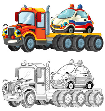 cartoon tow truck driving with load other car isolated