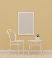 3D interior. Pale room with picture frame white chair and white table.