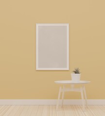 3D interior. Pale room with picture frame and white table.