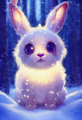 Fototapeta premium cute funny rabbit on the background of a fabulous winter forest, christmas card