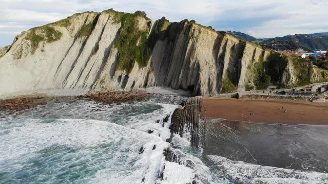 Aerial drone view of famous flysch of Zumaia, Basque Country, Spain