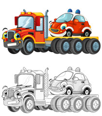 cartoon tow truck driving with load other car isolated