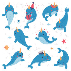 Funny cute baby narwhal set. Sea mammal animal cartoon character in different everyday activities vector illustration © topvectors