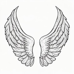 hand drawn white angel wing illustration isolated in white background,  sketch or outline style