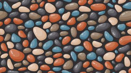 Pebble seamless pattern. Smooth stones background. Cartoon cobblestone paving texture. Sea or river pebbles and rocks repeating wallpaper. Vector