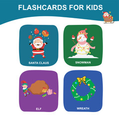 Printable Christmas Flashcards for Children. Educational game card for preschool. Ready to print. Vector illustration.
