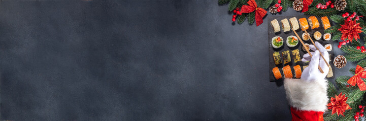 Sushi set for Christmas New Year party, winter holiday food delivery menu mockup. Sushi set on...