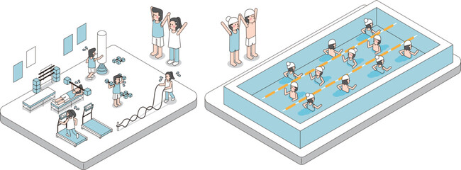 ジムでトレーニングとプールでウォーキングをする男性と女性のアイソメイラスト