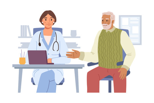 Doctor giving consultation and health advice to senior man. Giving prescription and treatment to old man. Flat cartoon character, vector in flat style