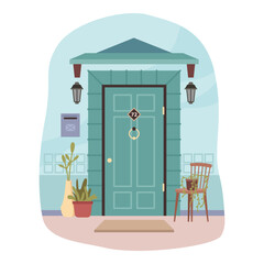 Entrance doors with porch, chair for resting outside. Decorative pots and flowers, lanterns hanging from roof. Exterior and front view of home. Vector in flat style