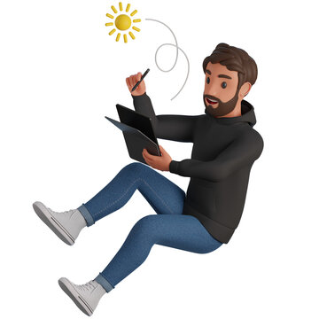 A man in a black hoodie and blue jeans is drawing on tablet 3d render illustration