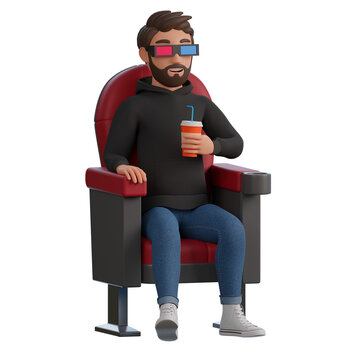 A man in a black hoodie and blue jeans is watching movie 3d render illustration