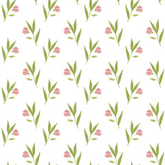 Seamless botanical floral pattern pink flower buds with green leaves