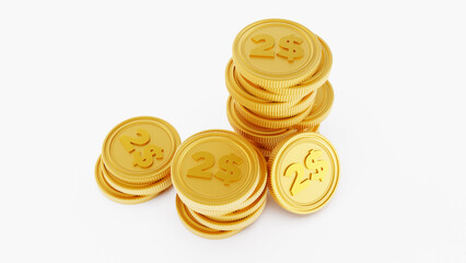 3D render of golden Coins stack isolated on white background, two dollar coins stack