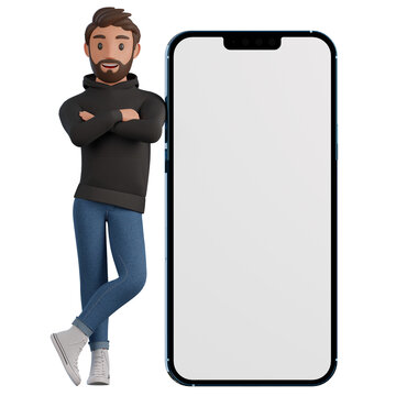 A Man In A Black Hoodie And Blue Jeans Looks Irritably At His Smartphone 3d Render Illustration