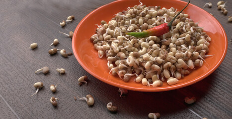 Close up of pile of sprouted seeds of green gram or moong.