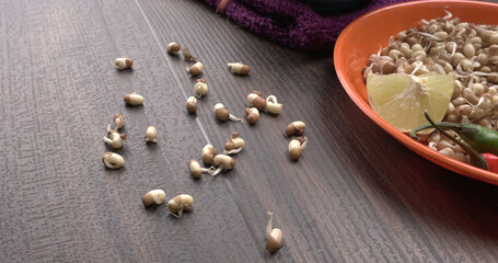 Close up of pile of sprouted seeds of green gram or moong.