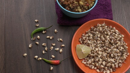 Close up of pile of sprouted seeds of green gram or moong.