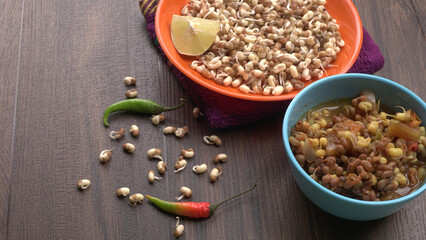 Close up of pile of sprouted seeds of green gram or moong.