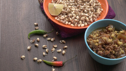 Close up of pile of sprouted seeds of green gram or moong.