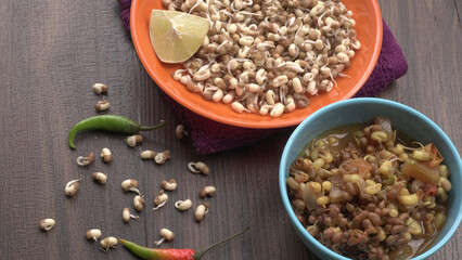 Close up of pile of sprouted seeds of green gram or moong.