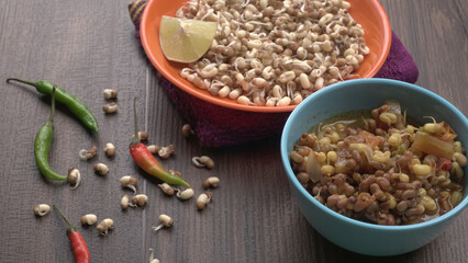 Close up of pile of sprouted seeds of green gram or moong.