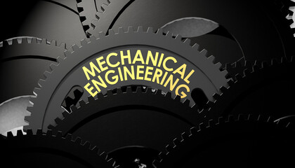Cogwheel with mechanical engineering text in dark scene