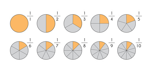Fraction pie divided into slices. Fractions. Fraction Pies. Vector flat outline icon illustration isolated on white background.