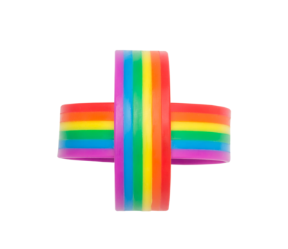 Two colorful rainbow wristbands in plus sign, symbol of lgbtq+ isolated on white background with clipping path. Concept of lgbtq+ wristband wearing to support and attend celebration event of lgbtq+