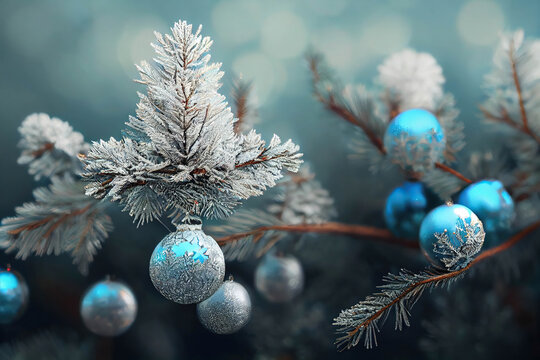 Beautiful bright blue Christmas ornaments on spruce branches covered with frost, light blue background, AI generated image