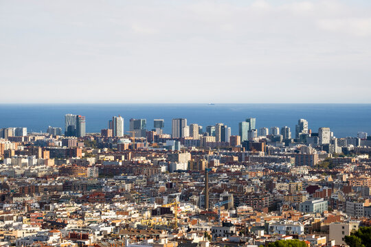Aerial view of office buildings and residential areas in the city of Barcelona