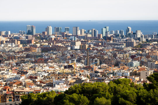 Aerial view of office buildings and residential areas in the city of Barcelona