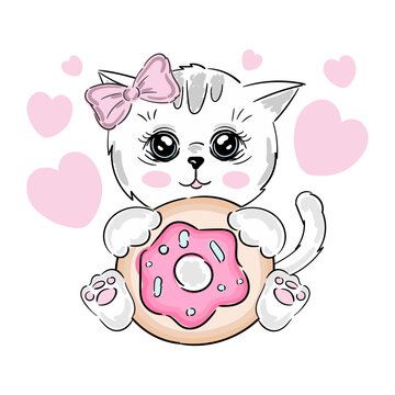 Cute cat with donut vector illustration, print design kitten, children print on t-shirt girl.